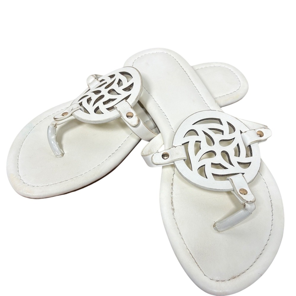 White Laser Cut Medallion Thong Sandals Flat Slides Size 37
